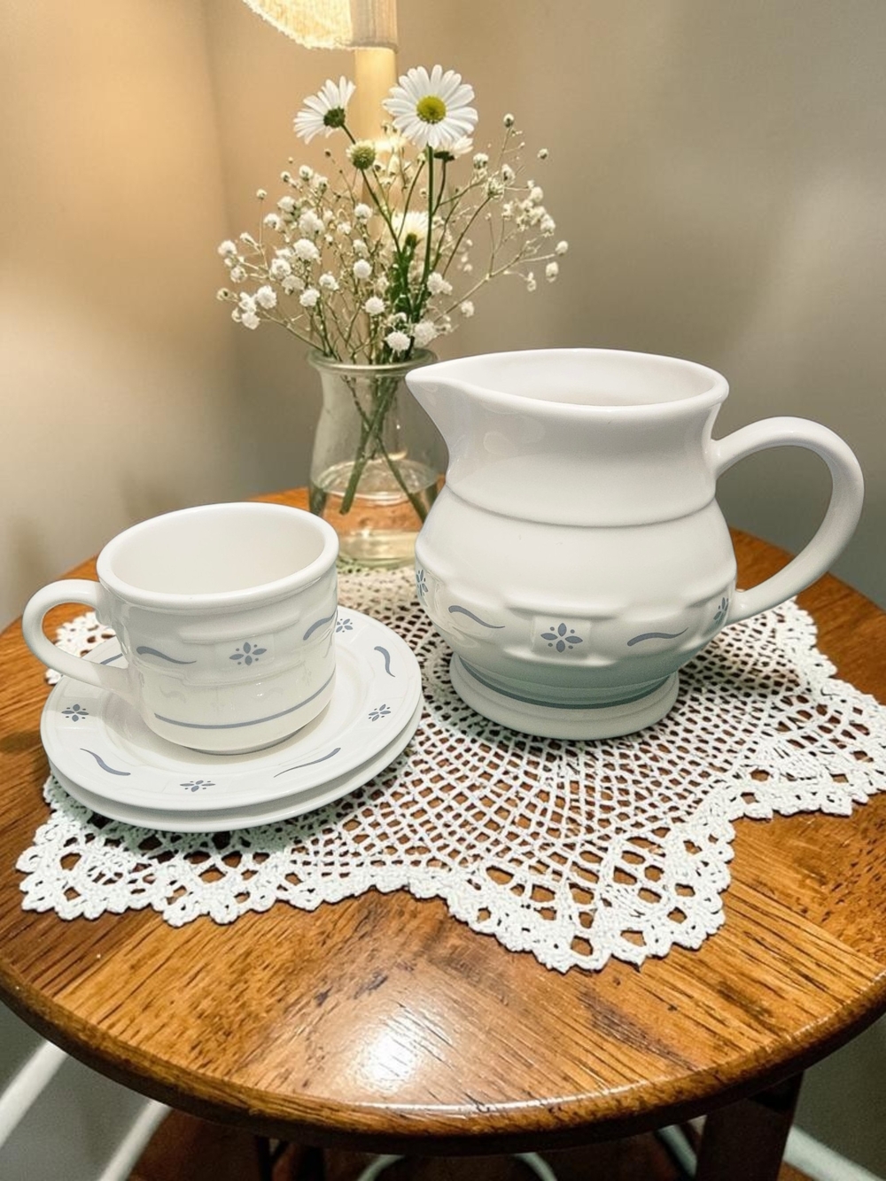 Vintage Longaberger Woven Traditions Classic Blue Pitcher & Flat Cup Saucer Set